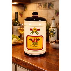 Vintage 10" Tall OGGI Chardonnay Ceramic Wine Canister 1993 Lidded Kitchen Jar